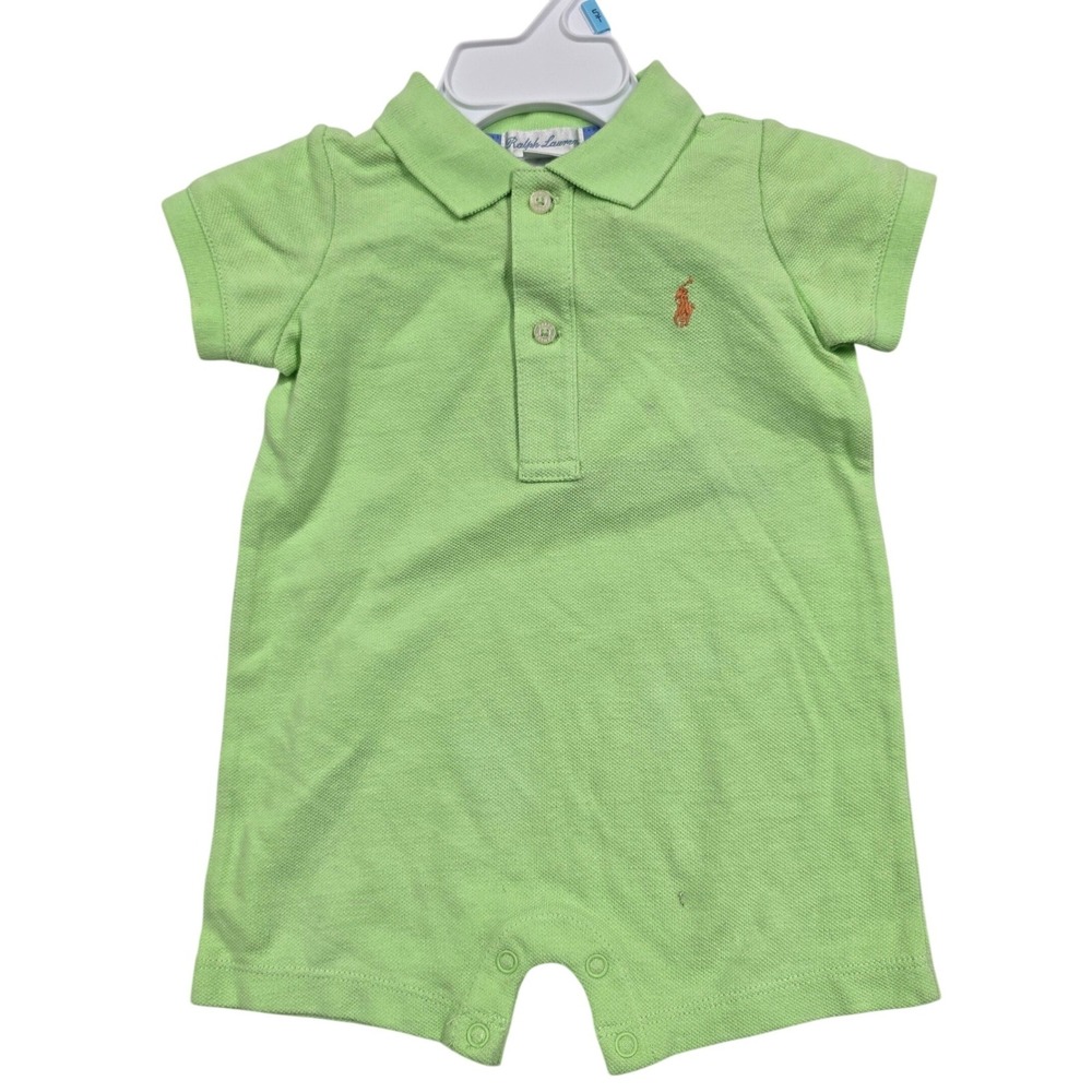 Ralph Lauren Baby Boy Lime Green Polo Romper Short Sleeve Pique 6M Orange Pony